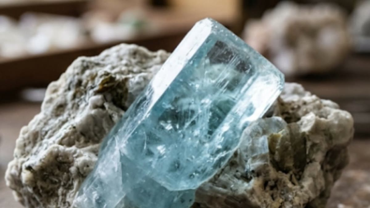 Cristallo grezzo di acquamarina sulla sua roccia madre