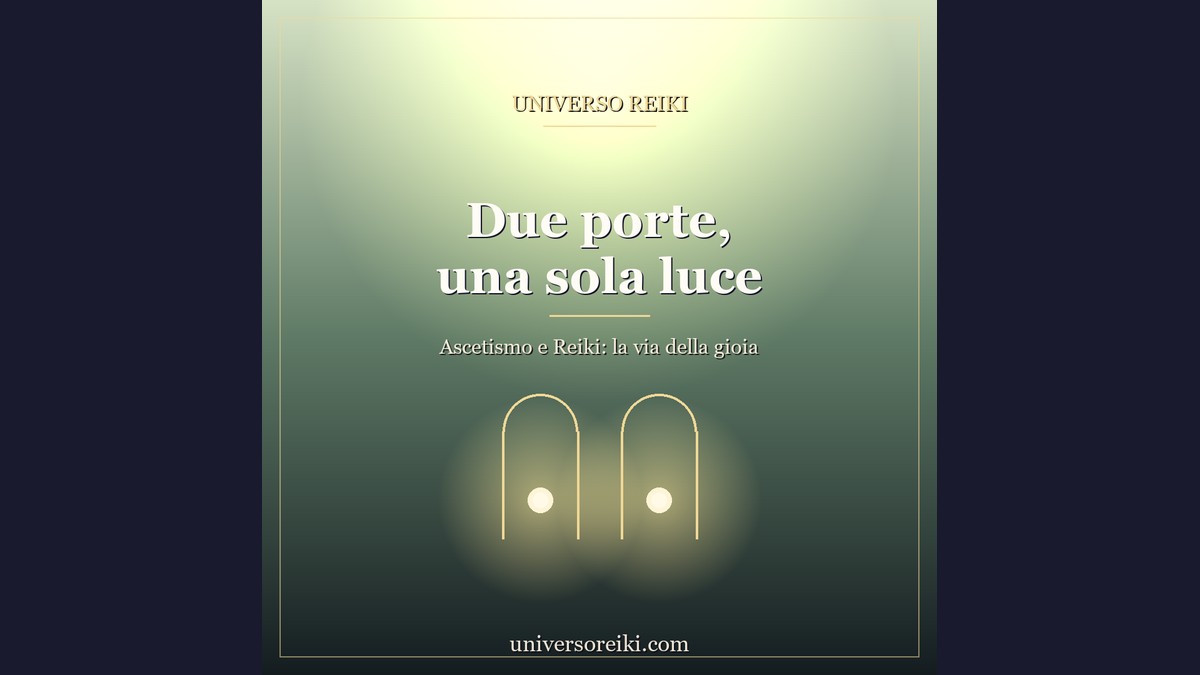 Due porte di luce dorate su sfondo verde e notte - simbolo dell'ascetismo e del Reiki come due vie verso il paradiso interiore