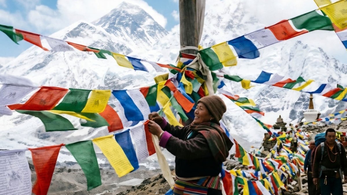 Bandiere di preghiera tibetane colorate al vento con le montagne innevate dell'Himalaya sullo sfondo - Universo Reiki