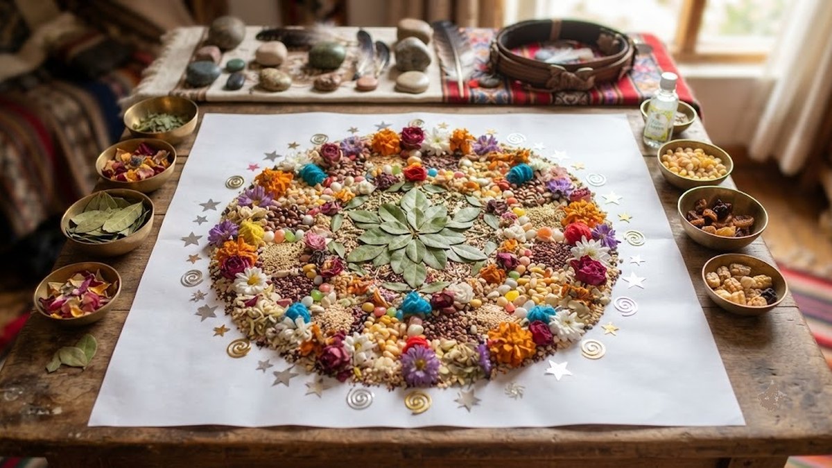 Un despacho andino: foglie, semi, fiori e dolci disposti a mandala su carta bianca
