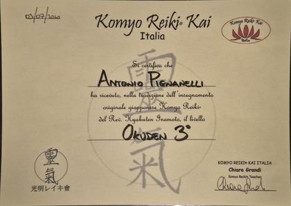 Diploma Reiki Okuden 3° livello, Komyo Reiki Kai, 2010