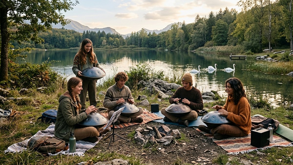Un cerchio di persone che suonano l'handpan in riva a un lago di montagna - Universo Reiki