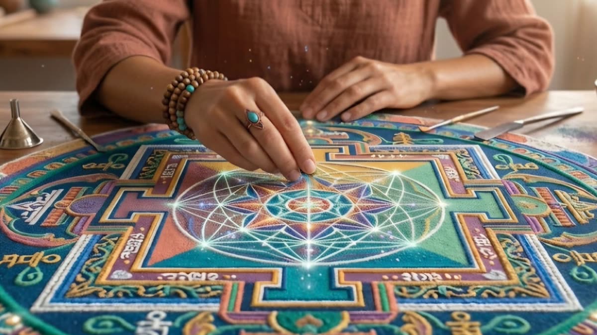 Mandala di sabbia colorata con geometria sacra luminosa al centro